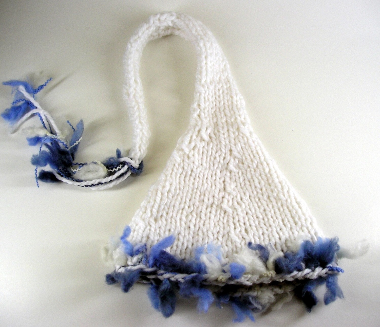 Little Pixie Newborn Baby Hat Photo Prop in Pure White Color with Navy Blue, Light Blue and Grey Fringe