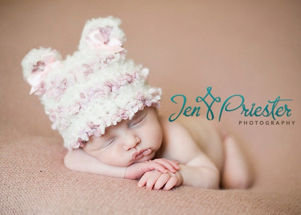 Baby Hat, Sweet Pink Baby Bear Hat, Girl Beanie Hat, Animal Hat