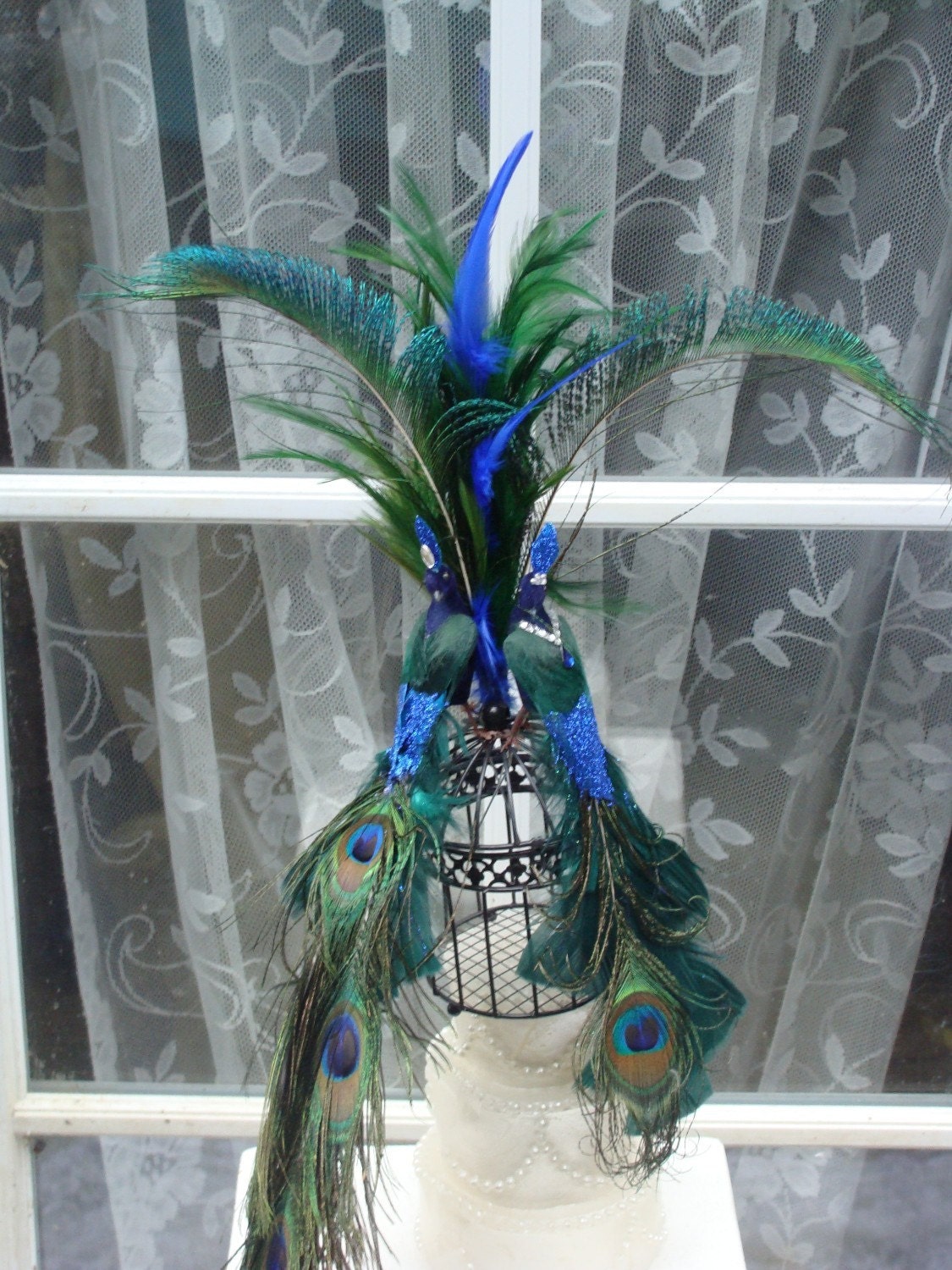 RUSH - Lighted Royal BLUE Peacock Lovebirds w/ Cage - RUSH