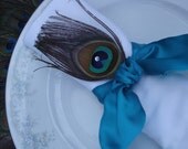 SALE 100 Elegant Satin Peacock napkin rings in Teal and Gold READY To SHIP
