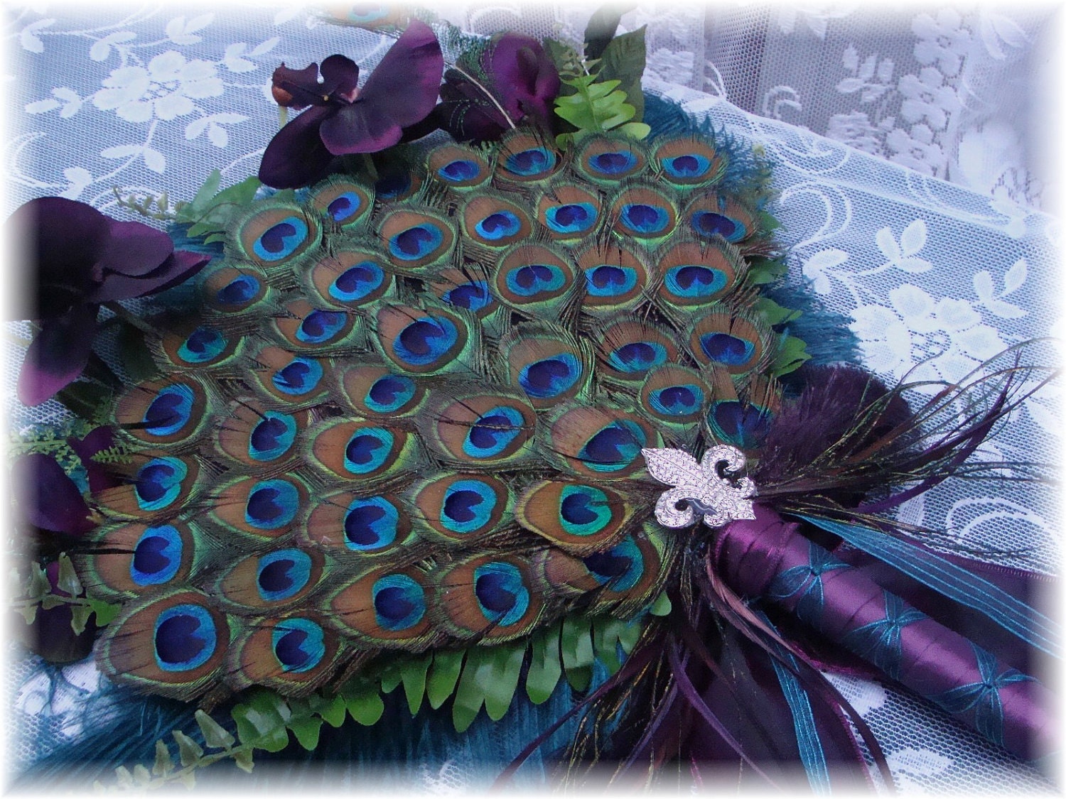 PACKAGE Exquisite Diamond Peacock Fan Bouquets and Hair Fascinators in your choice of colors