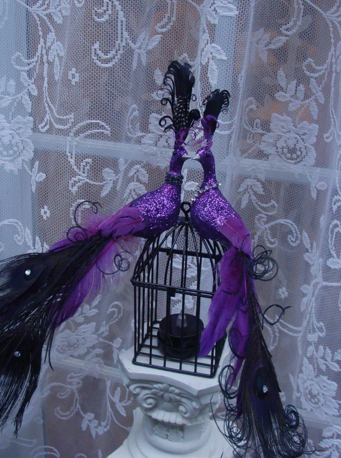 CUSTOM Kissing Peacock Lovebird pair cake topper in PURPLE and BLACK  with Lighted Birdcage
