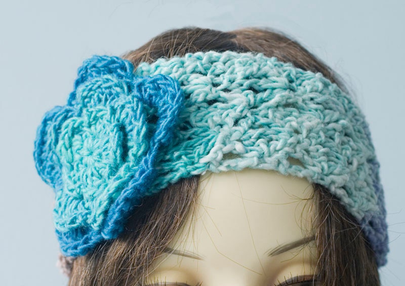 Crochet Head Band, Head Wrap, Flower Ear Warmers,  Turquoise Boho Spring Headband