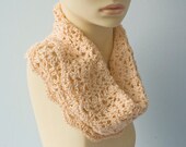 Crocheted Cowl Scarf, Womans  Lace Infinity Scarf, Peach Silk  Alpaca Eternity Scarf,  Neck Warmer, Woman's Scarf
