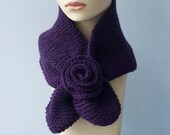Purple Knit Scarf, Keyhole Scarf,  Flower Neck Warmer, Wool Stay in Place Scarf,  Self Tying Scarf
