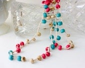 Pink, Blue, Cream Boho Strand Necklace,  Summer Beach Jewelry, Stackable Wrap Bracelet, Beadwork  Crochet Jewelry,