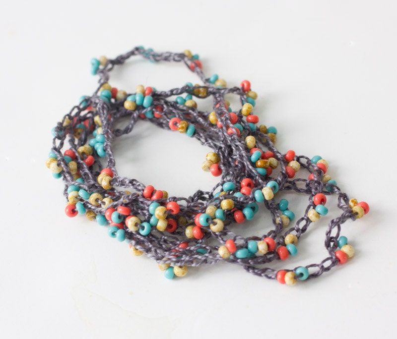 Summer Beach Necklace, Stackable  Wrap  Bracelet, Anklet,  Bead Crochet , Boho Rope