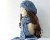 Chunky Hat Scarf Set, Blue Gray Crochet  Hat and  Scarf,  Alpaca  Wool, Lace Fashion, Over Size Hat and Winter Scarf
