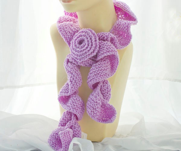 Light Purple Ruffled Scarf , Flower Scarf Pin, Ruffle Fashion, Wool All Season Scarf
