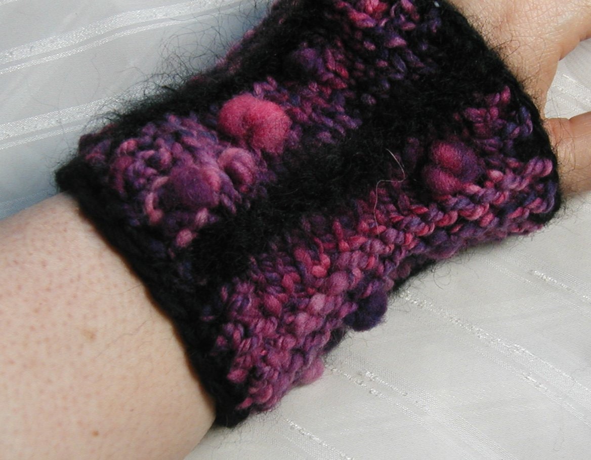 Purple bobble-cuff, with handspun wool and black mohair