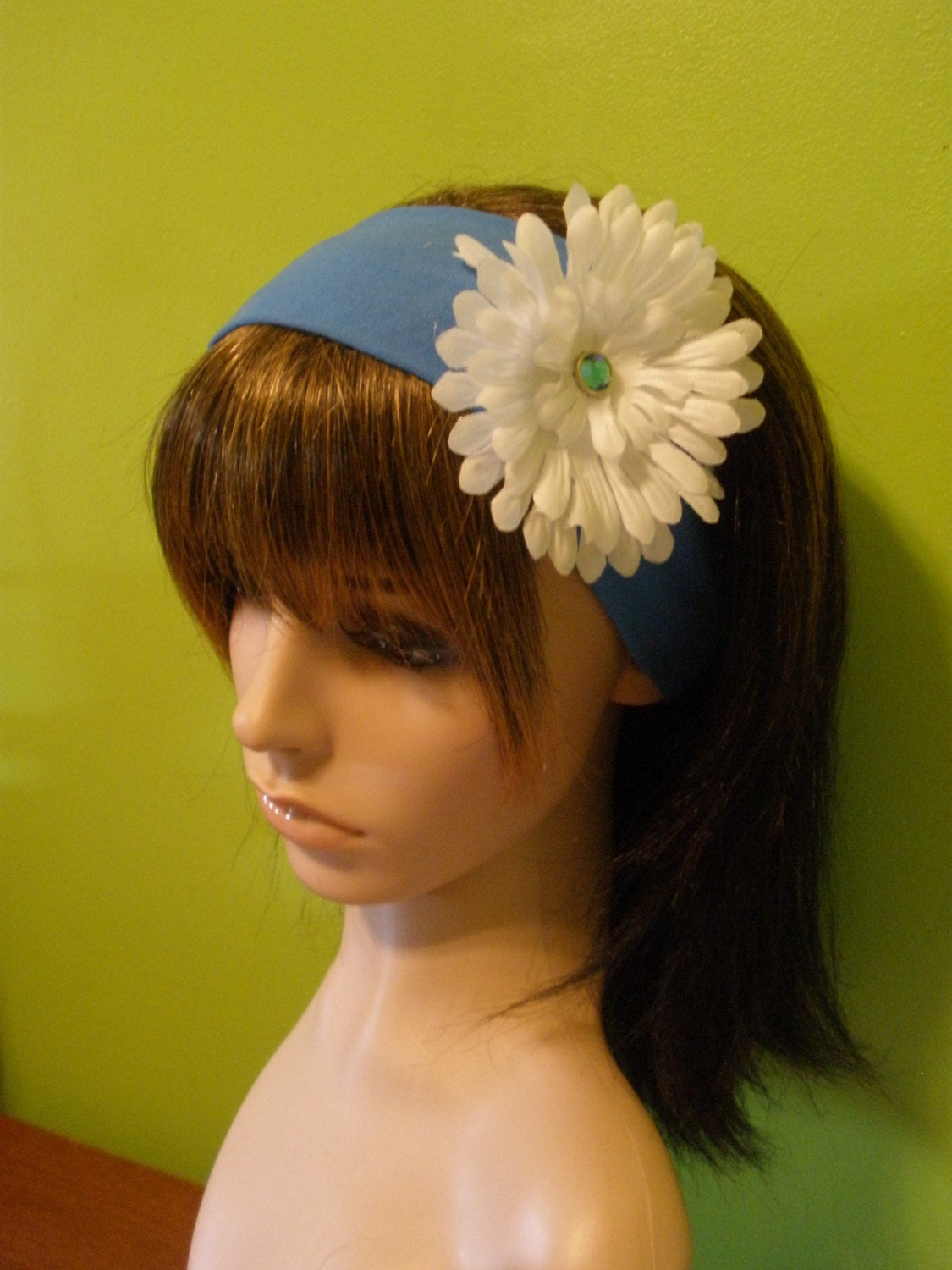 Beautiful Sea Blue Color Woman or Girl Headband with Adorable White Flower and Rhinestone