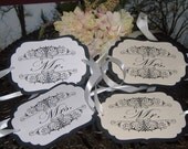 Mr and Mrs Wedding Chair Signs - Damask Set of two with crystals - your choice of colors