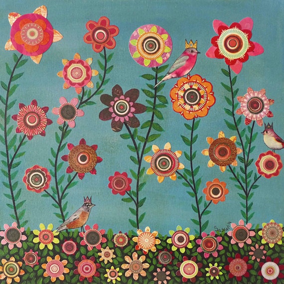 Birds and Flowers Art, Home decor, Nursery Wall Art, Baby Room Decor, Mixed Media Paper Collage
