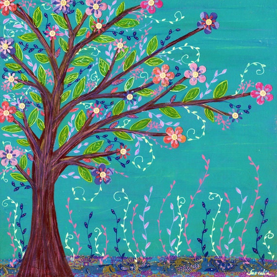 Abstract Painting, Tree Landscape, Collage Painting, Colorful Contemporary Art for Home Decor, Wall Art Print on Wood