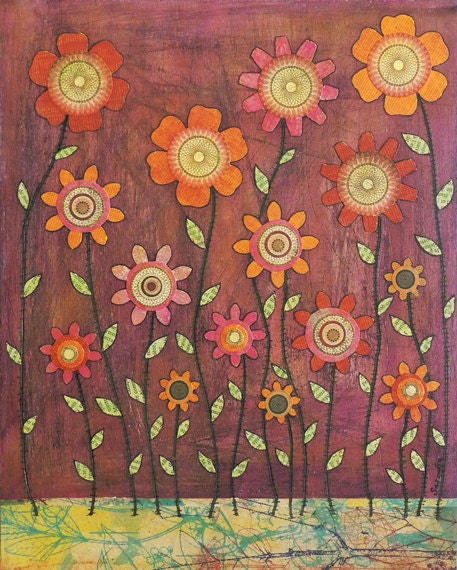 Abstract Retro Flower Painting Art Print on Wood