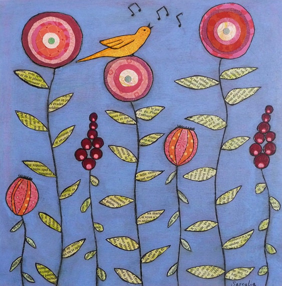 Bird and Flower Collage Painting Whimsical Yellow Bird with Lavender Blue Art Print on Wood Nursery Art Decor