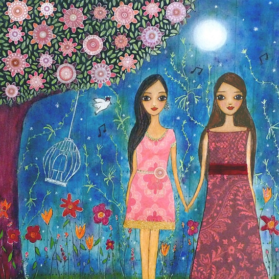 Friends are magical Art Print Dreamy Magical Painting of Two Girls with a Birdcage