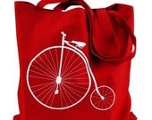 Bike Tote Bag  - Penny Farthing Bicycle on Red Tote Bag