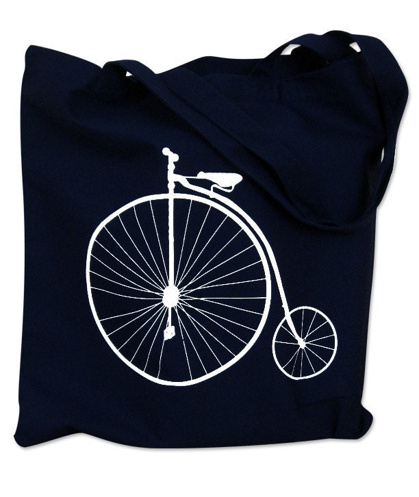 Bicycle Tote Bag - Penny Farthing Bike on Navy Blue Canvas Tote Bag