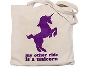Canvas Tote Bag - My Other Ride is a UNICORN print On a Natural Canvas Tote Bag