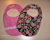 Baby GIRL Bibs GIFT SET - Flowers and Polka Dots, Cotton & Chenille, 2 Coordinating Prints  - Great Baby Shower or Newborn  Gift