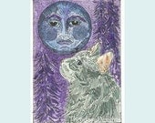 Cat Looking Up at the Moon ACEO by Theodora
