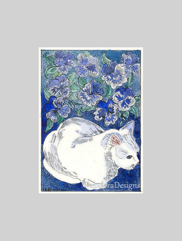 Little White Cat in the Garden ACEO by Theodora - THEODORADESIGNS