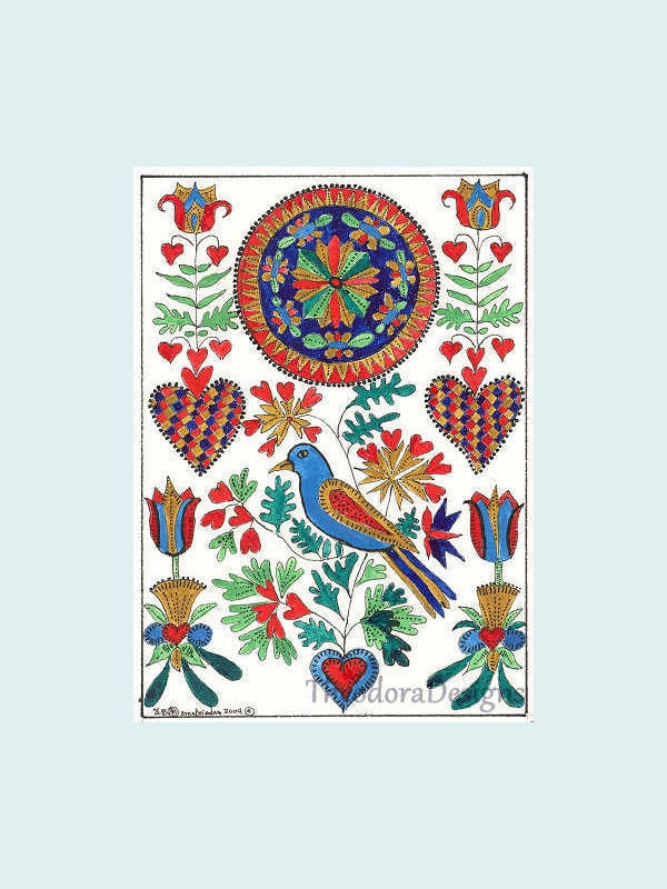 ACEO Print Fraktur Bird Hearts Flowers Folk Art Country by Theodora