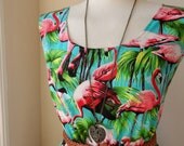 Dress With Tropical Flamingos in Turquoise and Pink / Handmade / Choose Your Size