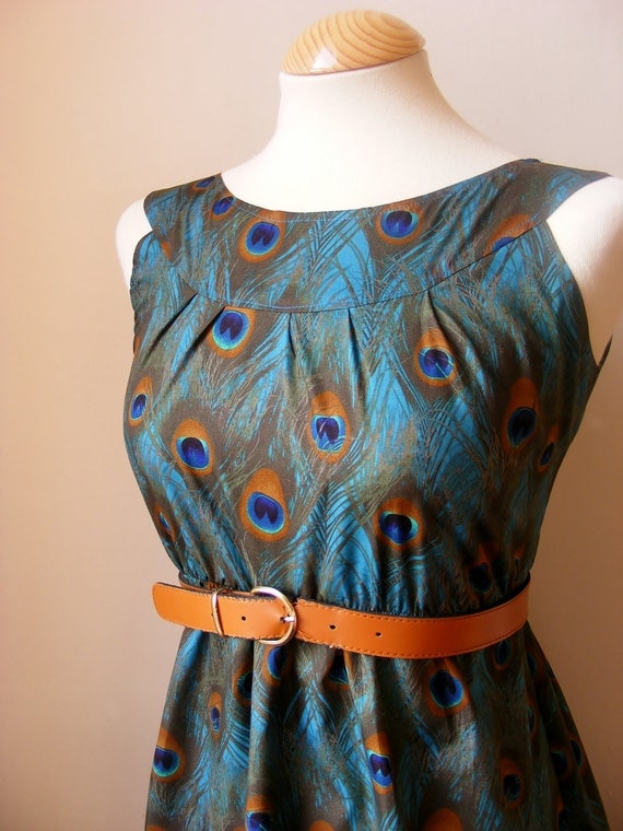 New Design..Jennifer Lilly Handmade Beautiful Peacock Dress Gathered Dress in Teal // Spring Vintage Whimsical Woodland Dress (XS)