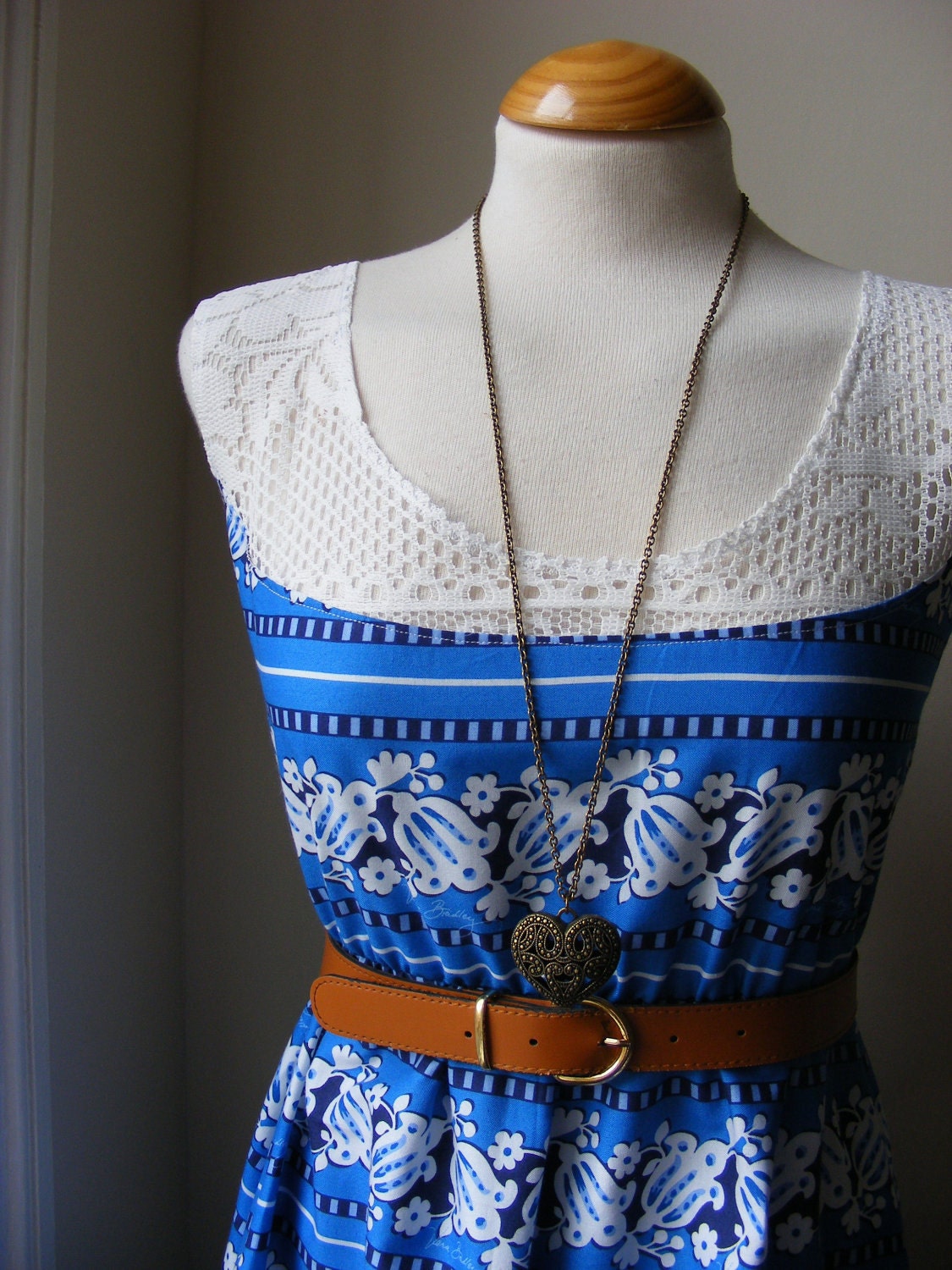 Beautiful Blue Stripe Lace Detail BoHo Cotton Dress / Handmade / Choose Your Size