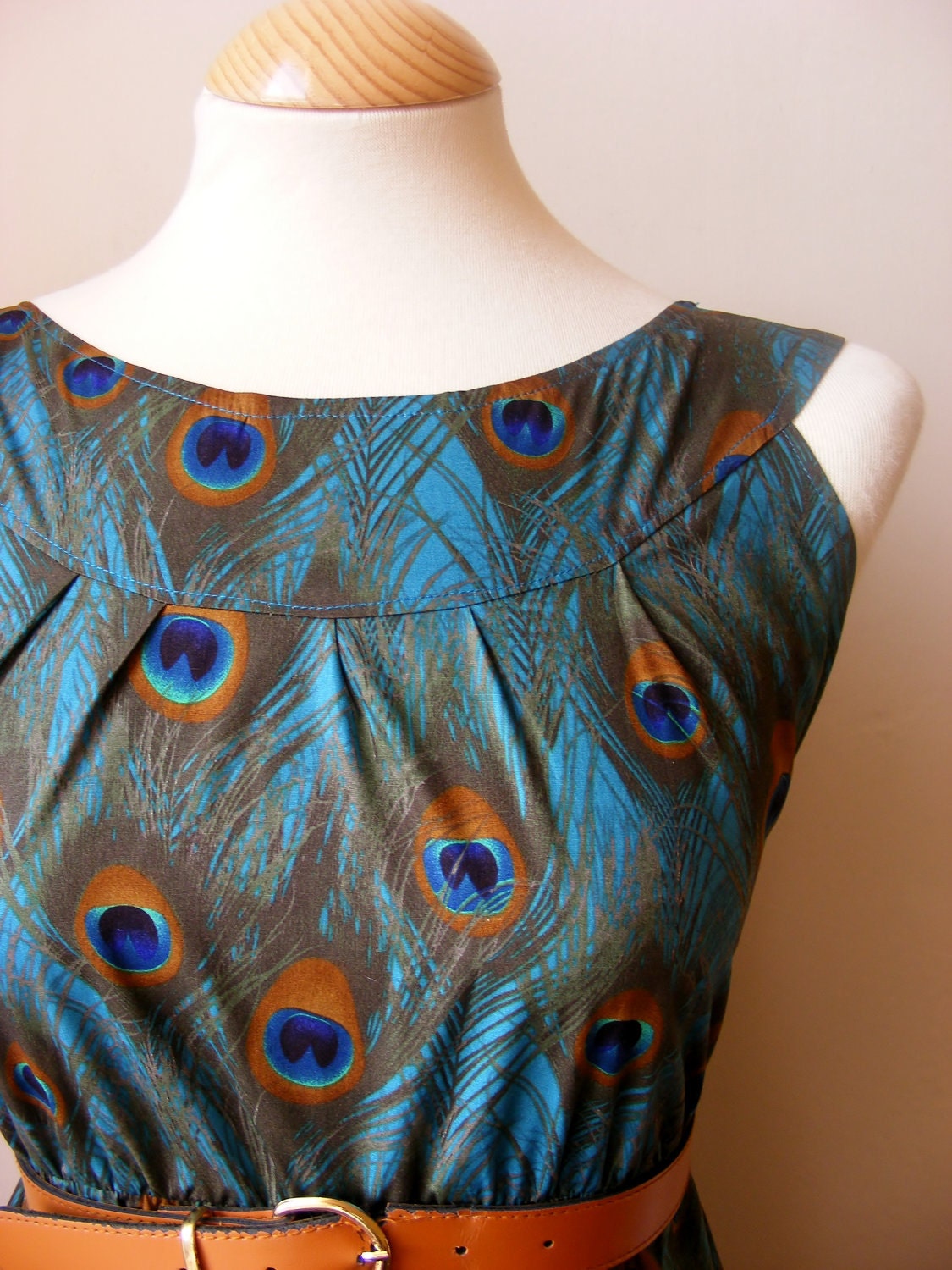 New Design..Jennifer Lilly Handmade Beautiful Peacock Dress Gathered Dress in Teal // Spring Vintage Whimsical Woodland Dress (XS)