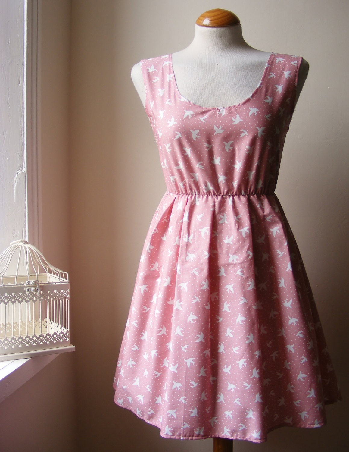 Jennifer Lilly Handmade Bohemian Beautiful Pink and White Bird Spotty Cotton Dress // Boho Vintage Whimsical Kitsch Dress (XXL)
