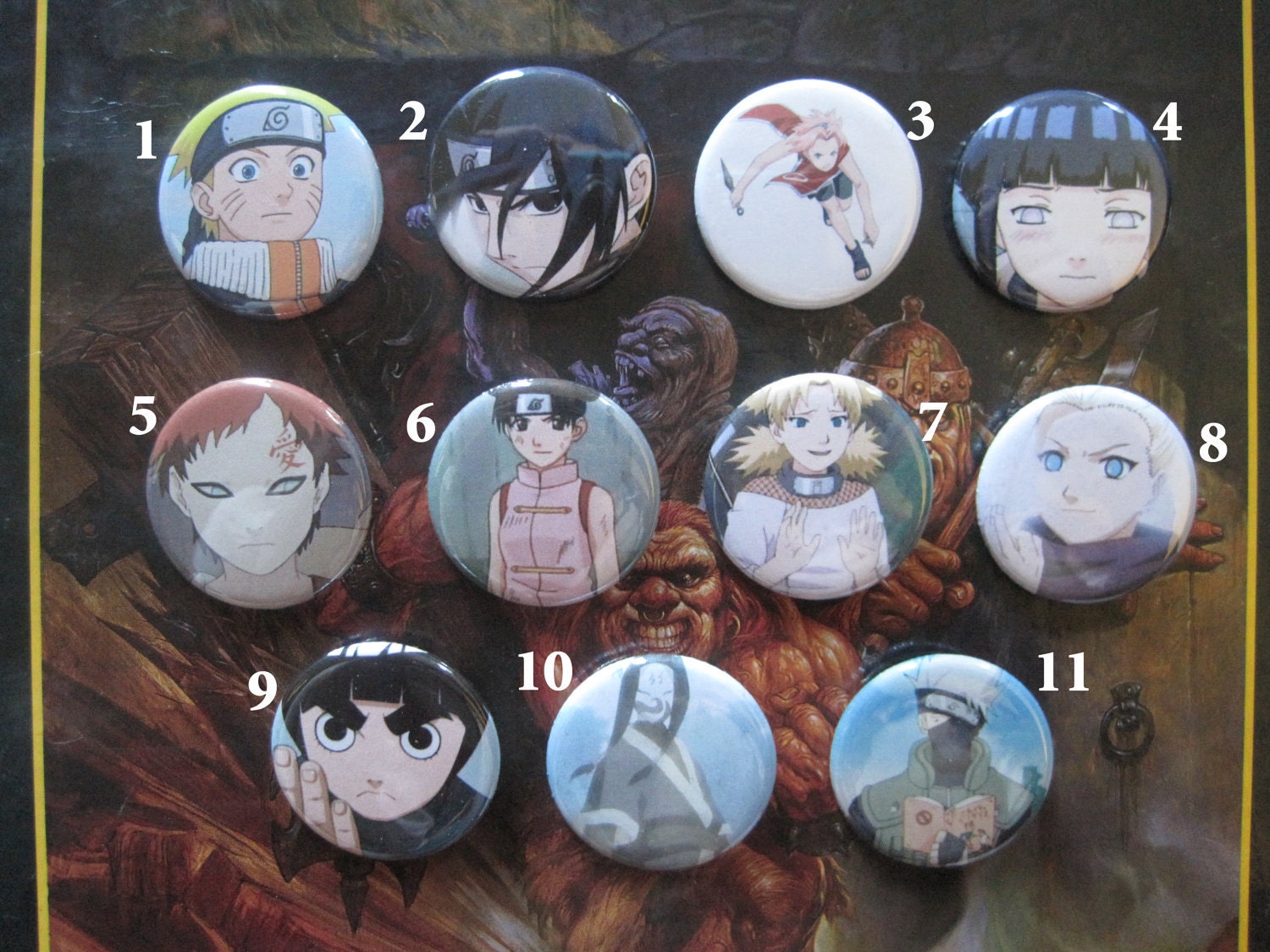 Set of 11 Naruto Anime Character Pin Button / Badge 1 1/4 Inch