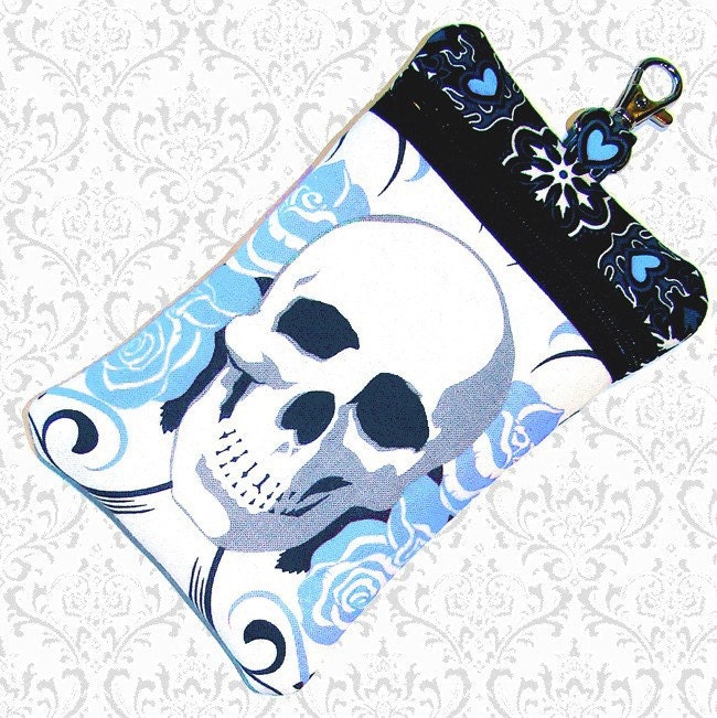 Black skulls blue hearts cell phone bag gadget case