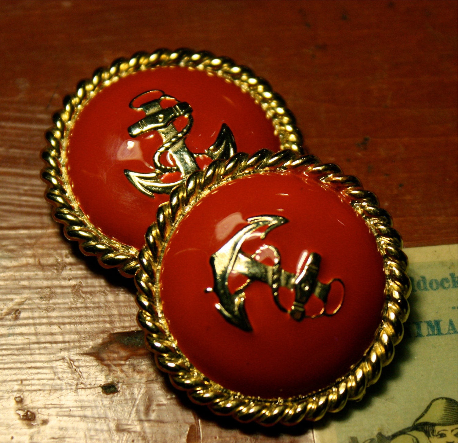 1980s Red and Goldtone Nautical Anchor Clip-on Earrings