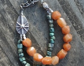 Tribal Rhythms  Green Turquoise and Orange Aventurine Bracelet