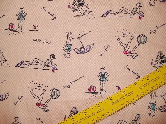 Beach Scene Fabric Novelity Conversational Print  Yardage