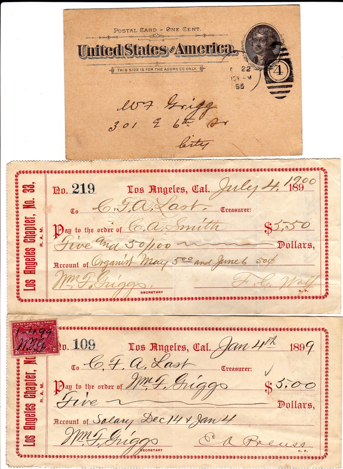 Antique 1800s Mason, Masonic Ephemera, LA Chapter 33, Temple  Postcard, Check Receipts, with 1898 Documentary Stamp,One cent Post card 1895,
