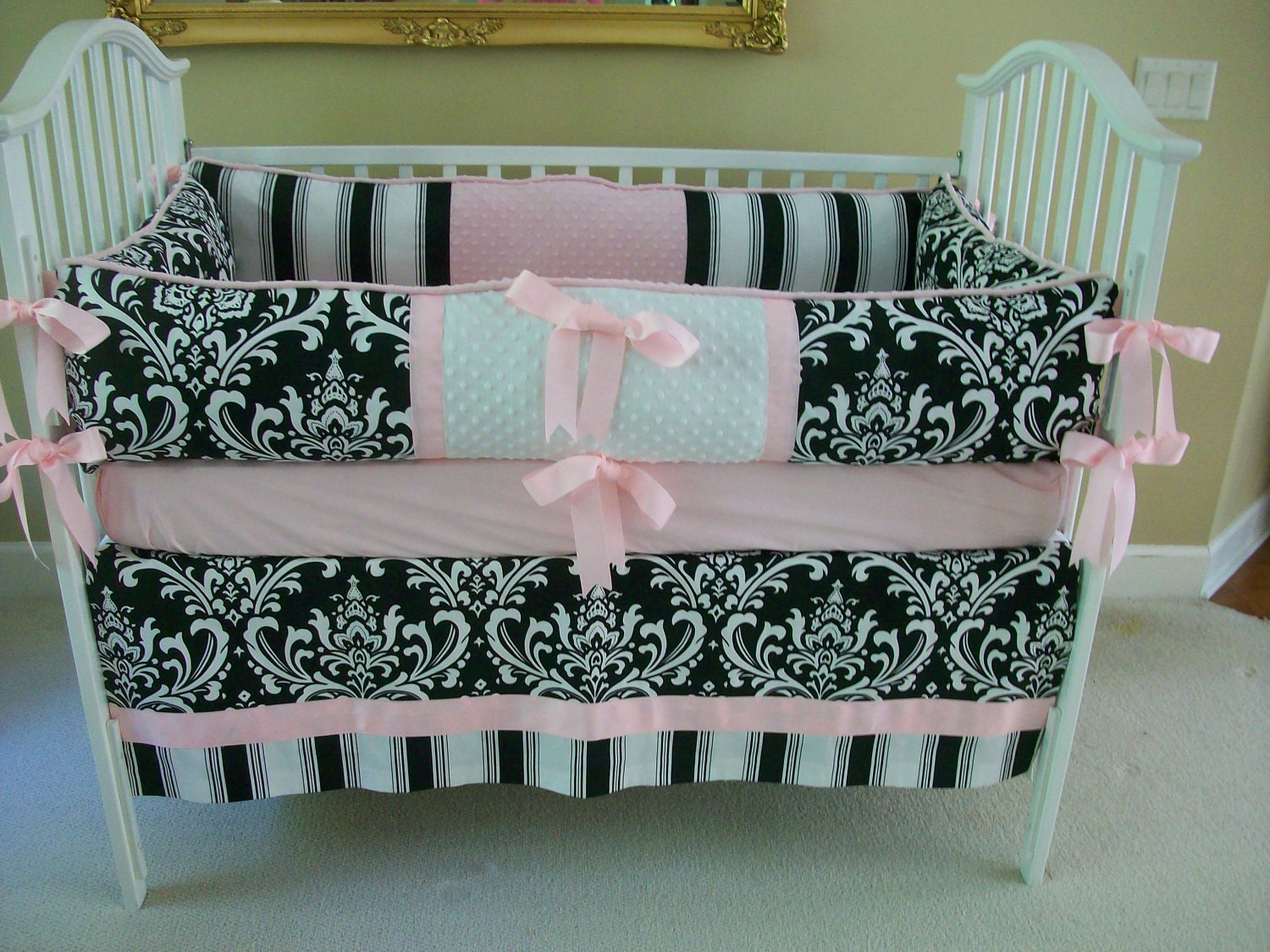 Black and white and pink Baby Bedding set