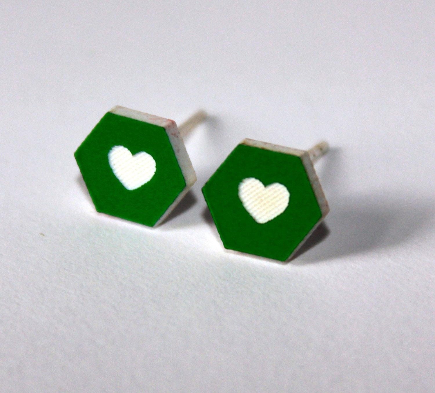 Green Heart Hexagon Stud Earrings