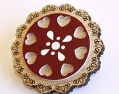 Maroon and Hearts Wooden Doily Brooch