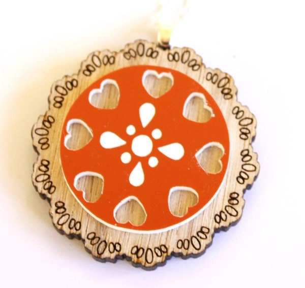 Orange and Hearts Wooden Doily Necklace