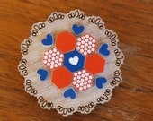 Orange and Blue Patchwork Wooden Doily Brooch