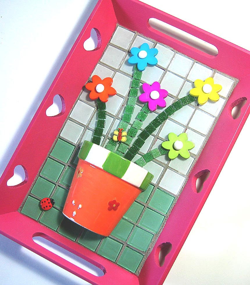 Mosaic Flower Art, Flower Pot Art,  Mixed Media Wall Hanging, Hot Pink Flower Wall Art