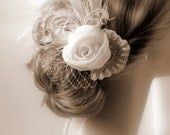 Bridal hair accessories Ivory  Bridal Fascinator, Fabric Flower with pearls,rhinestones and lace