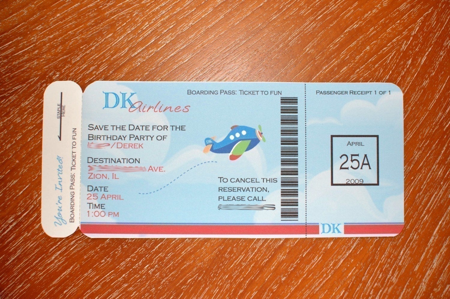 Airplane Boarding Pass Birthday Invitation