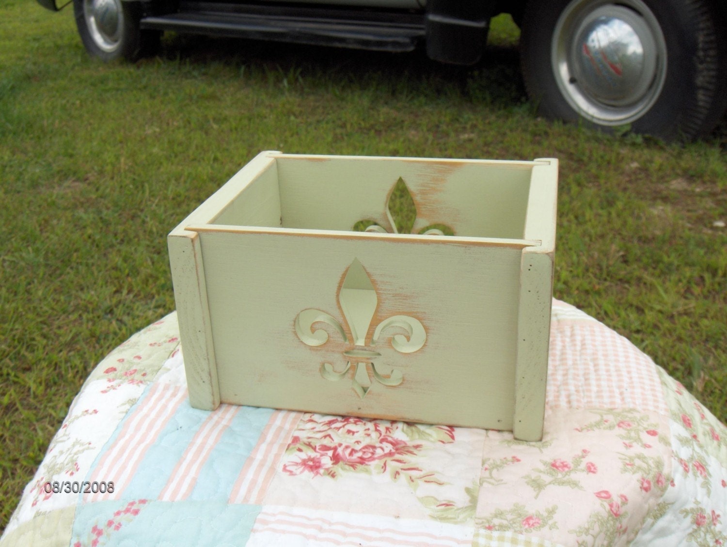 Small Sage Green Distressed Decorative Fleur de Lis Wooden Box