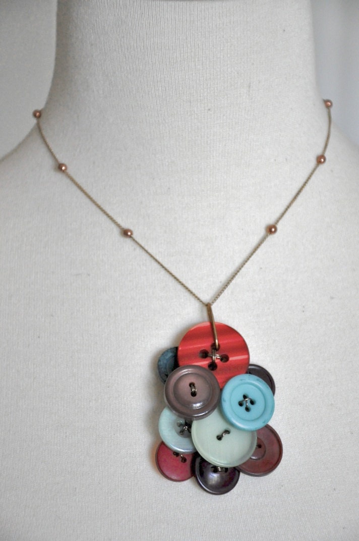 Vintage Aqua Button Pendant Necklace