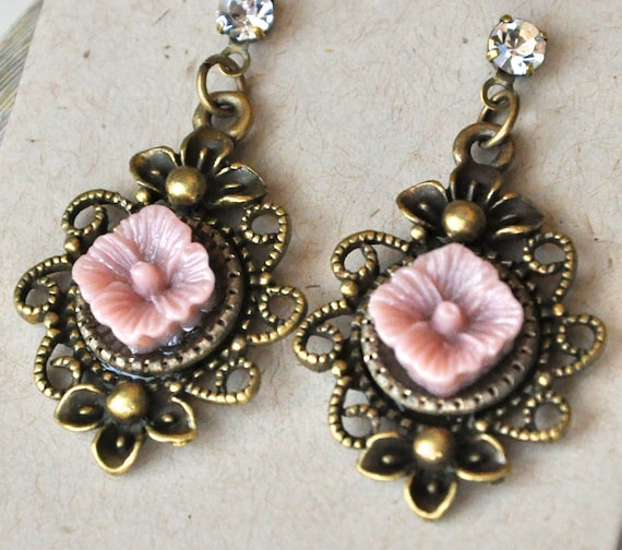 Pink Victorian Antique Brass Earrings
